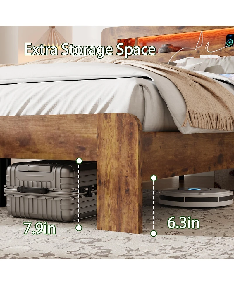 flynama King Size Wood Platform Bed Led Storage Headboard 2 Usb Charging Noise Free