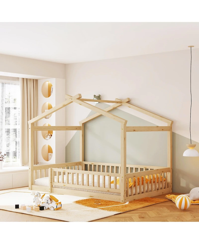 flynama Full Size Wood House Bed Fence