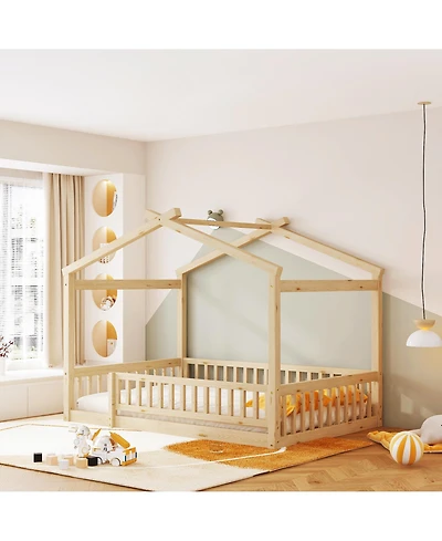 flynama Full Size Wood House Bed Fence