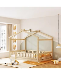 flynama Full Size Wood House Bed Fence