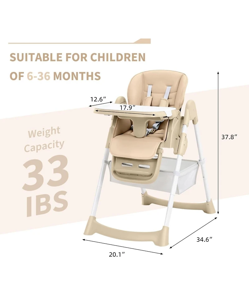 gaomon Foldable High Chair for Babies and Toddlers,Pu Leather Highchair with Adjustable Backrest,Footrest,Seat Height,Removable Tray