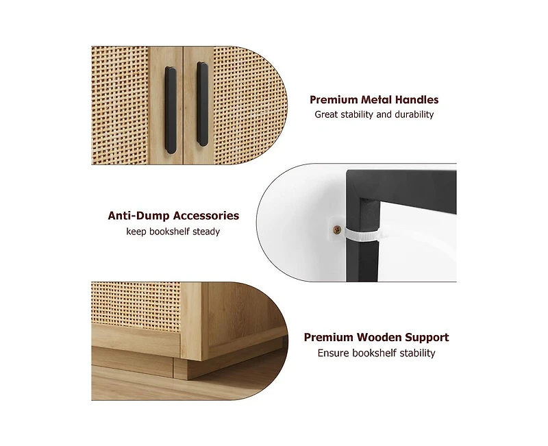 5 Tier Rattan Bookshelf with Storage Cabinet & Door, 71.1 Inch Tall Industrial Book Shelf with Open Display Shelves, 5 Shelf Bookcase with Metal Frame