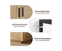 5 Tier Rattan Bookshelf with Storage Cabinet & Door, 71.1 Inch Tall Industrial Book Shelf with Open Display Shelves, 5 Shelf Bookcase with Metal Frame