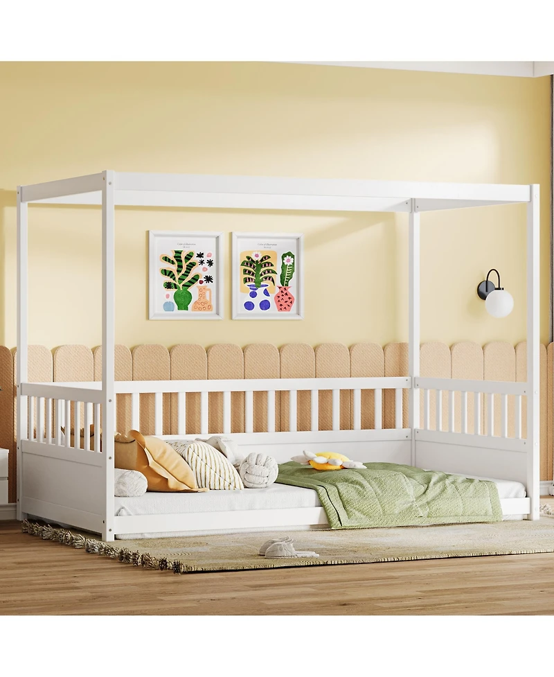 flynama Twin Size Wooden Canopy Floor Bed With Guardrails Four Poster Design For Kids