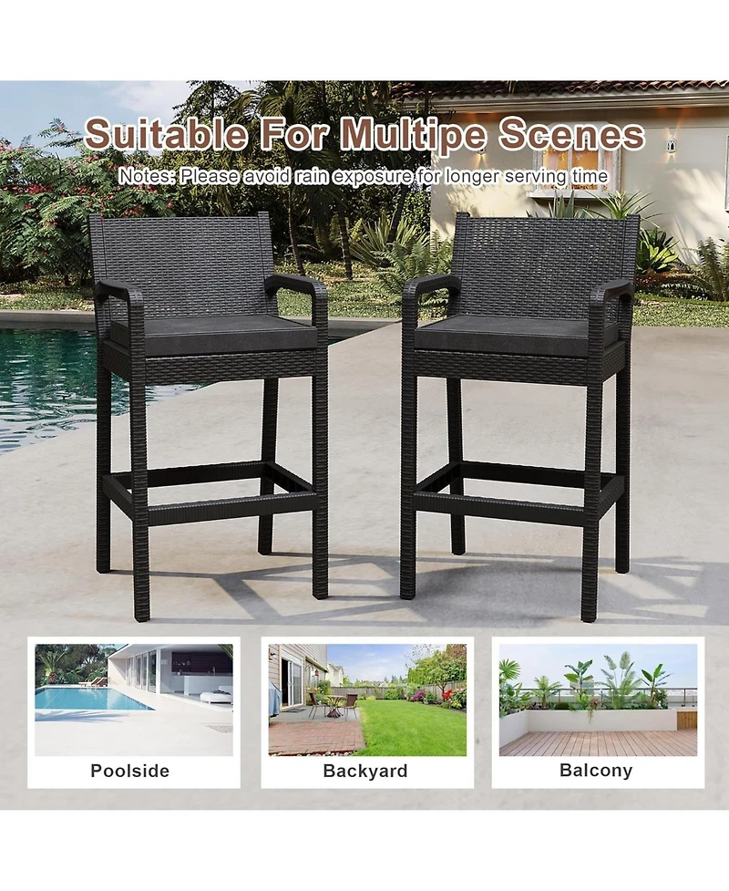 gaomon 2 Pc. Wicker Outdoor Bar Stools with Cushions, 30-Inch Patio Bar Chairs for Garden, Balcony & Deck