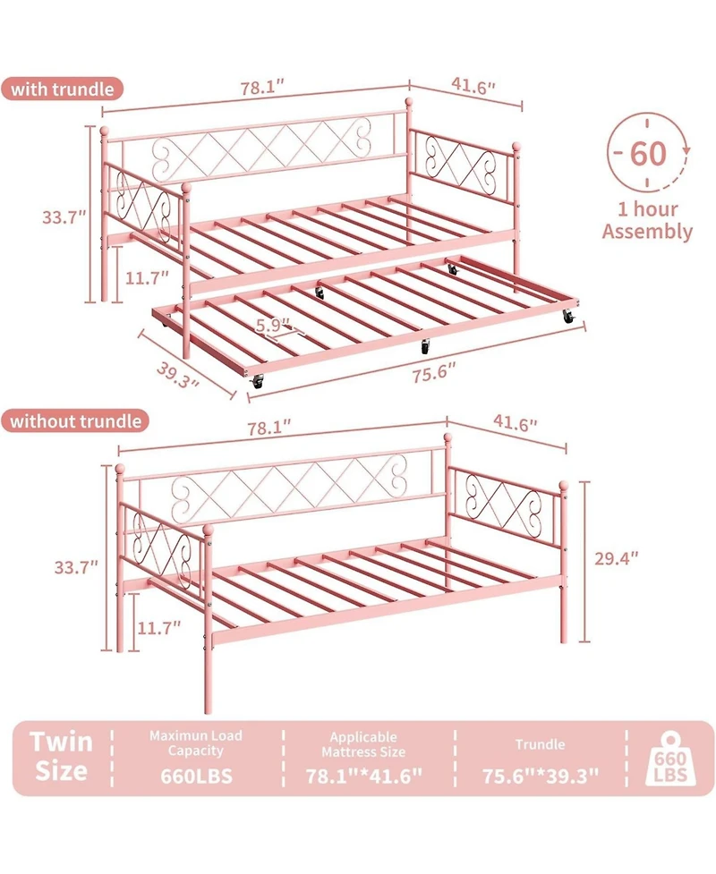 gaomon Daybed with Trundle, Twin Bed with Heart-Shaped Headboard, Sturdy Metal Frame with Slat Support