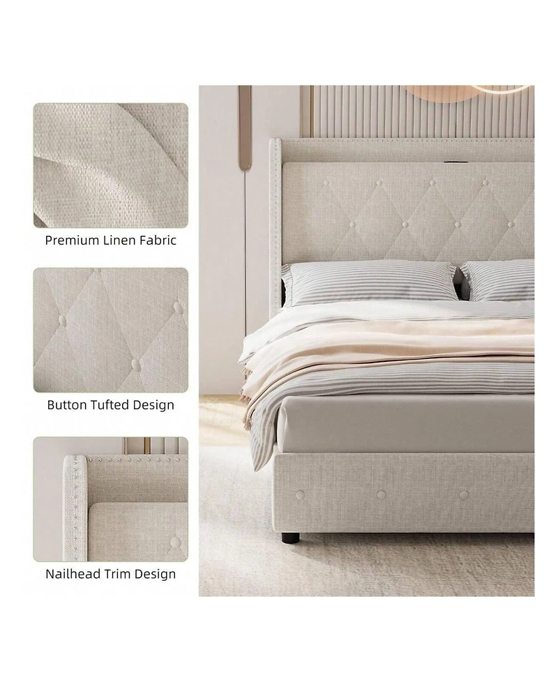 gaomon Upholstered Bed Frame with 4 Storage Drawers, Charging Station, Wingback Design, No Box Spring Needed, Noise-Free, Easy Assembly