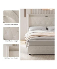 gaomon Upholstered Bed Frame with 4 Storage Drawers, Charging Station, Wingback Design, No Box Spring Needed, Noise-Free, Easy Assembly