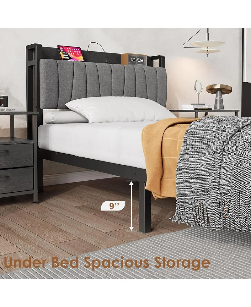gaomon Bed Frame with Storage Drawer, Industrial Bed with Upholstered Headboard and Charging Station, No Box Spring Needed