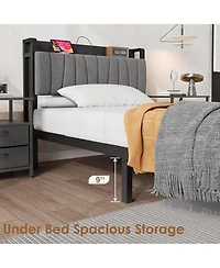 gaomon Bed Frame with Storage Drawer, Industrial Bed with Upholstered Headboard and Charging Station, No Box Spring Needed