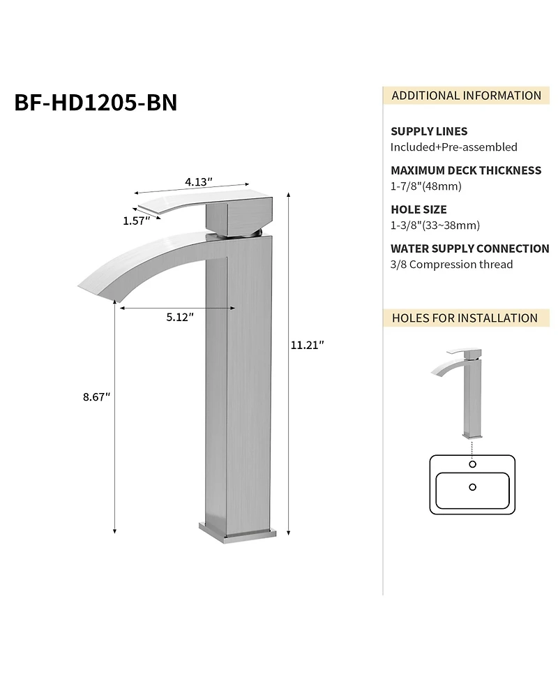 Busdays Bothwa Home 11.21" Cupc Certified Single Handle Bathroom Sink Faucet (Brushed Nickel Finish)