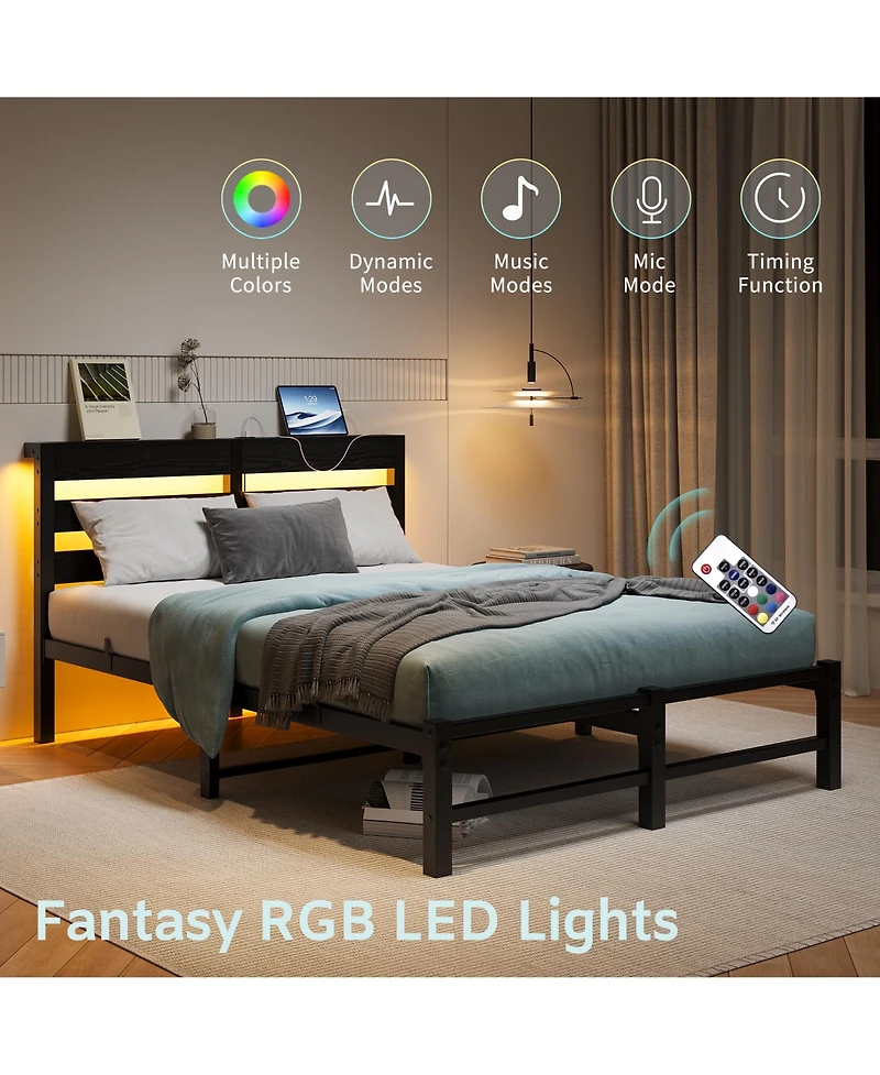 flynama Full Size Metal Bed Wooden Headboard Rgb Lights Charger Storage