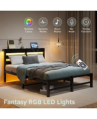 flynama Full Size Metal Bed Wooden Headboard Rgb Lights Charger Storage