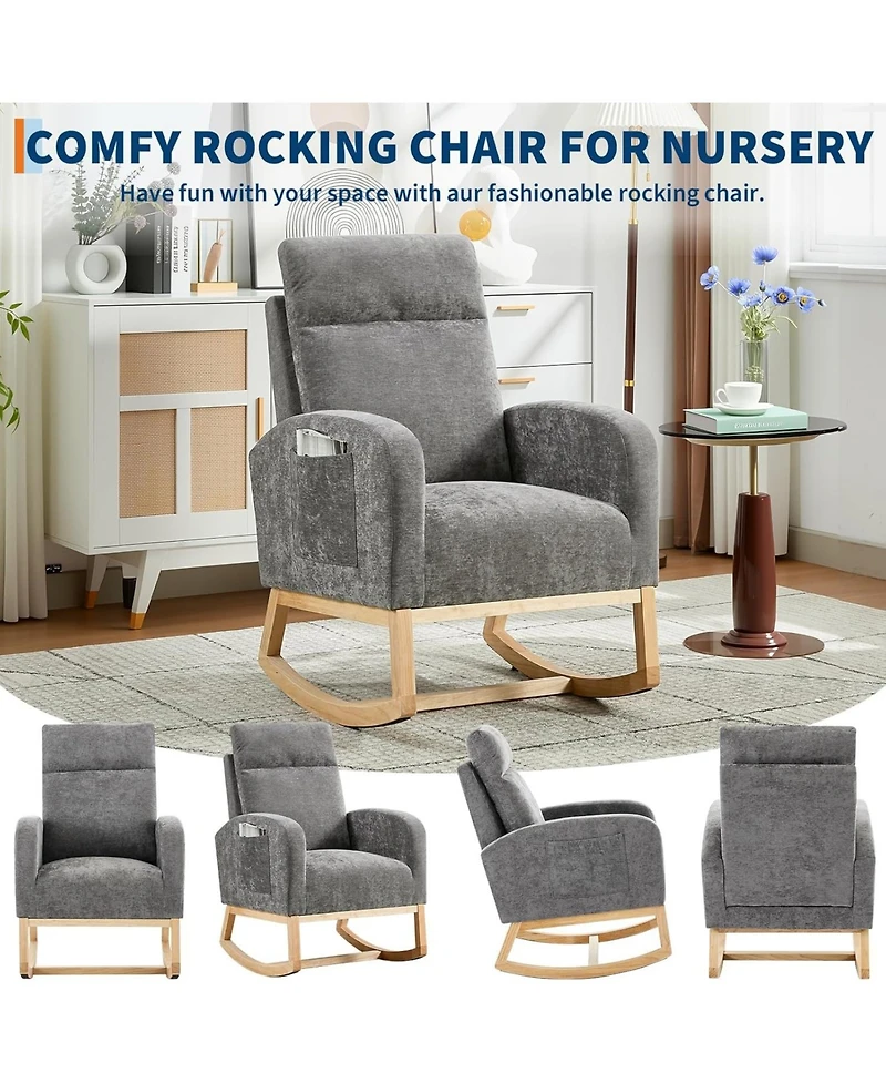gaomon Modern Nursery Rocking Chair with Wood Legs and Side Pocket