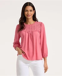 Lands' End Women's 3/4 Sleeve Eyelet Mix Flowy Top