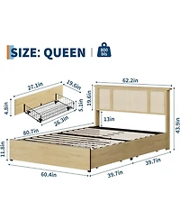 gaomon Bed Frame with Rattan Headboard, 4 Wooden Storage Drawers, Metal Base with Wooden Slats, No Box Spring Needed, Boho Style
