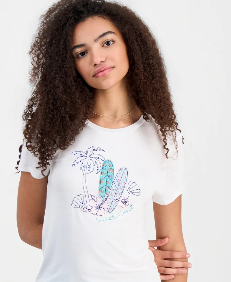Rebellious One Juniors' Embellished Surfboard Graphic T-Shirt