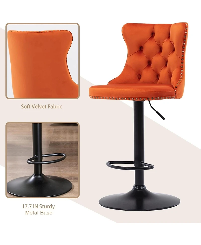 Rainsken Velvet Bar Stools Set of 2, Adjustable Swivel Counter Height Chairs with Back, Footrest and Nailhead Trim for Kitchen Island, Home Pub