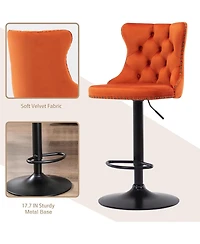 Rainsken Velvet Bar Stools Set of 2, Adjustable Swivel Counter Height Chairs with Back, Footrest and Nailhead Trim for Kitchen Island, Home Pub