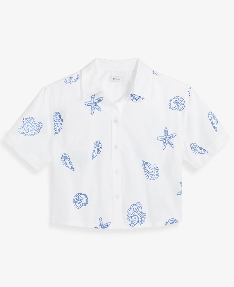 On 34th Women's Cotton Two-Tone Embroidered Eyelet Short-Sleeve Shirt, Macy's Exclusive