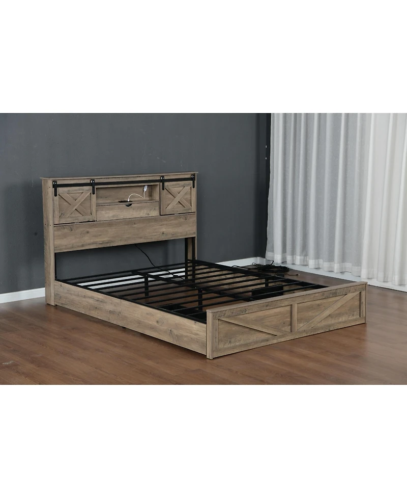 Flynama Farmhouse Bed Frame With Led Lights Charging Station 2 Storage Drawers