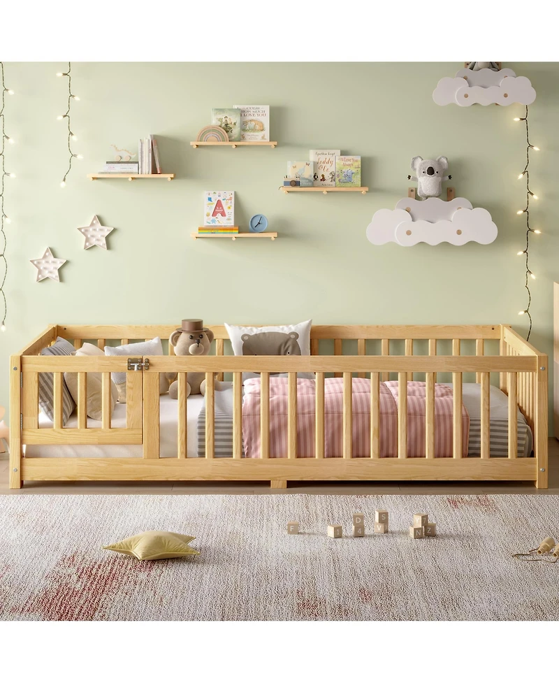 flynama Kids Floor Bed with Safety Guardrails Removable Slats and Door Wood Construction