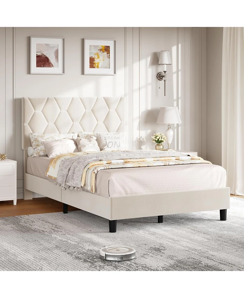 gaomon Twin Size Mdf + Iron + Fabric Diagonal Grid Soft Mattress, Comfortable Upholstered Bed Frame in Beige, No Box Spring Needed
