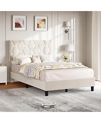 gaomon Twin Size Mdf + Iron + Fabric Diagonal Grid Soft Mattress, Comfortable Upholstered Bed Frame in Beige, No Box Spring Needed