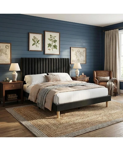 gaomon Queen Size Iron + Mdf Tall Vertical Stripe Bed Frame, Black Upholstered Bed with Modern Design, No Box Spring Needed