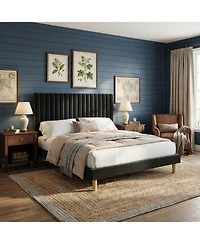 gaomon Queen Size Iron + Mdf Tall Vertical Stripe Bed Frame, Black Upholstered Bed with Modern Design, No Box Spring Needed