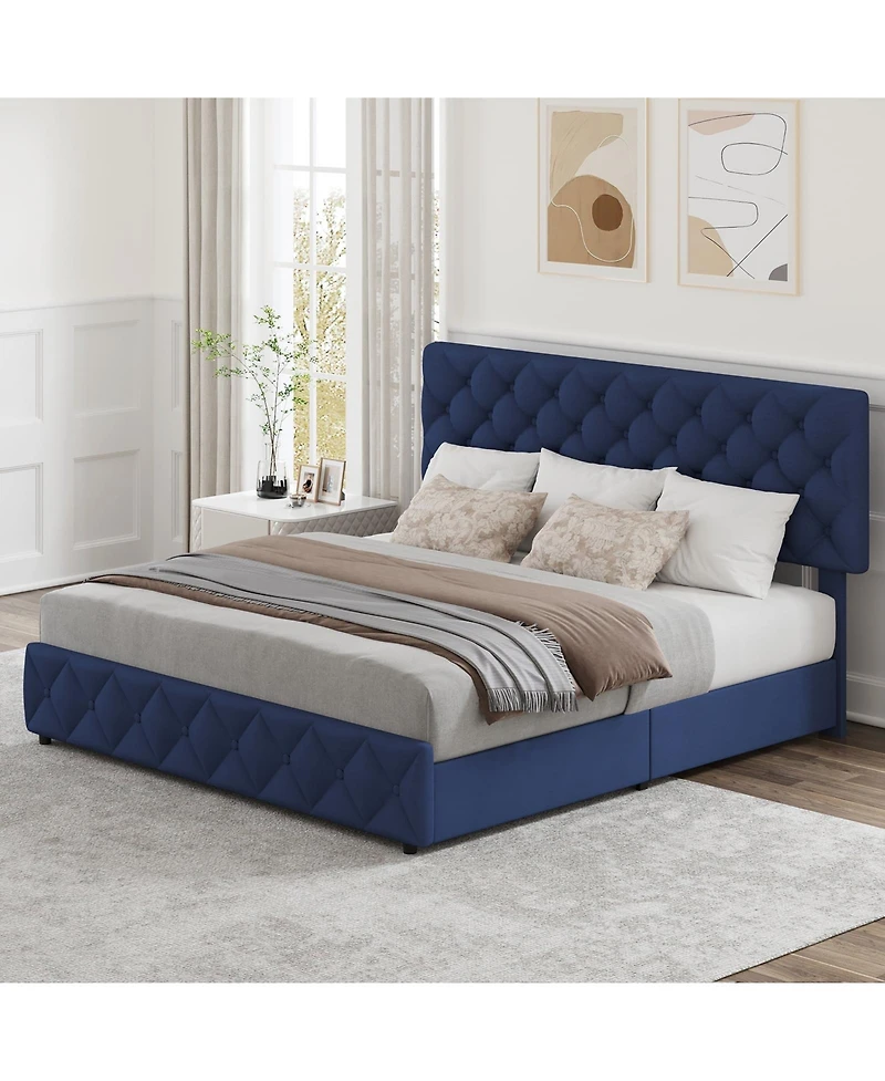 gaomon Queen Bed Frame with Adjustable Headboard & 4 Xl Drawers, Linen Upholstered, Wood Slats, 1000lb Capacity, No Box Spring
