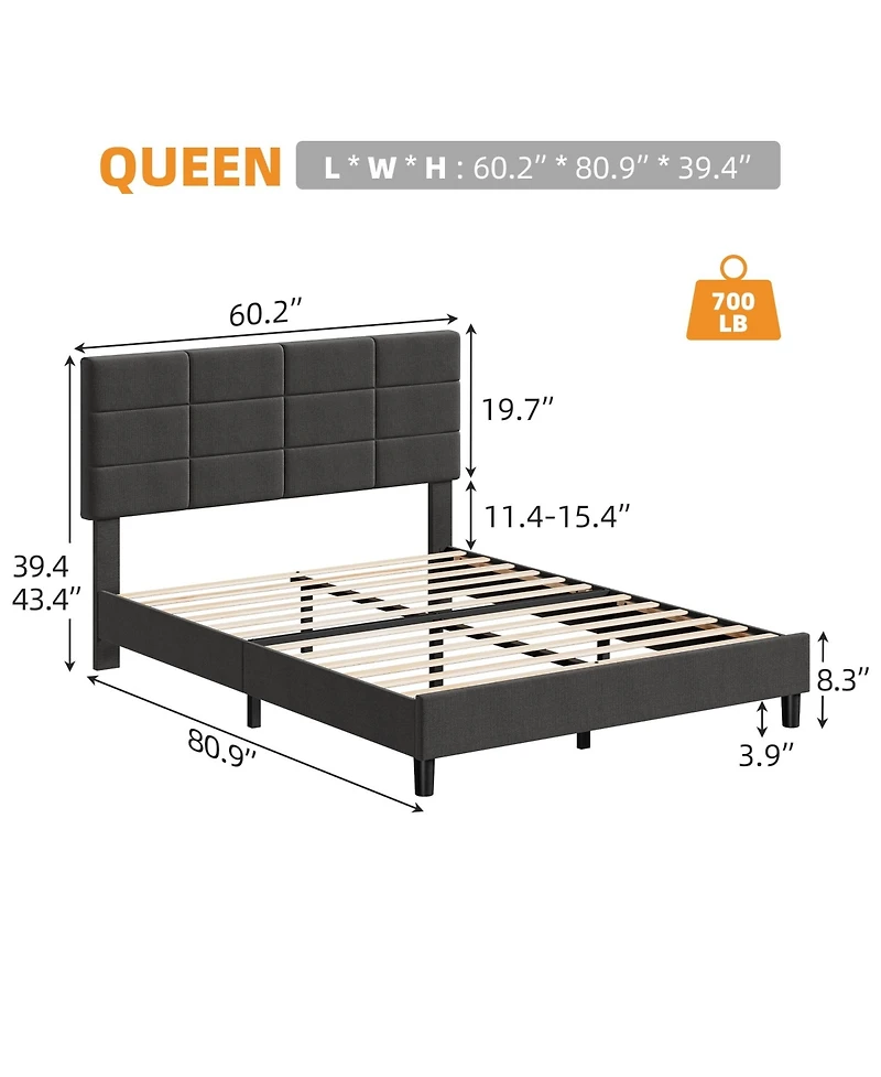 gaomon Queen Bed Frame with Adjustable Headboard, Linen Upholstered, Wood Slats, Noise Free, No Box Spring, Easy Assembly