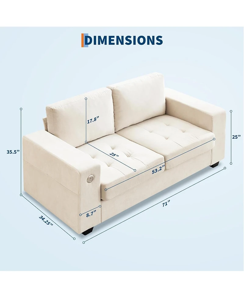 gaomon 70" Oversized Cloud Couch, Mid-Century Chenille Sofa with Usb and Side Pockets, Deep Seat