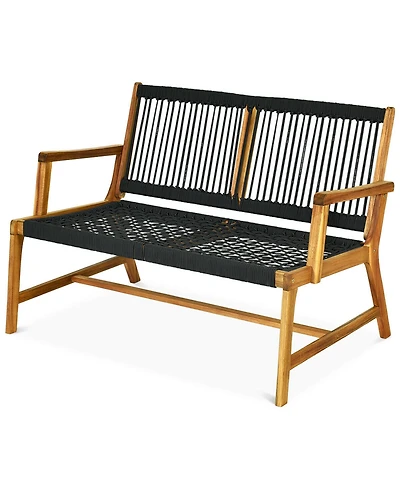 Gymax Wooden Rope Bench Loveseat Patio Garden Outdoor w/ Backrest and Armrest