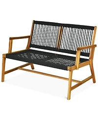Gymax Wooden Rope Bench Loveseat Patio Garden Outdoor w/ Backrest and Armrest
