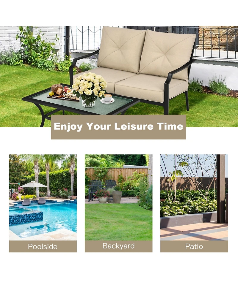 Gymax 2PCS Outdoor Loveseat Set Cushioned Patio Bench Sofa w/ Coffee Table