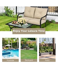 Gymax 2PCS Outdoor Loveseat Set Cushioned Patio Bench Sofa w/ Coffee Table
