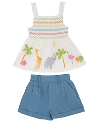 Rare Editions Baby Girls' Clipped Dot Animal Embroidered Top and Shorts, 2-Piece Set