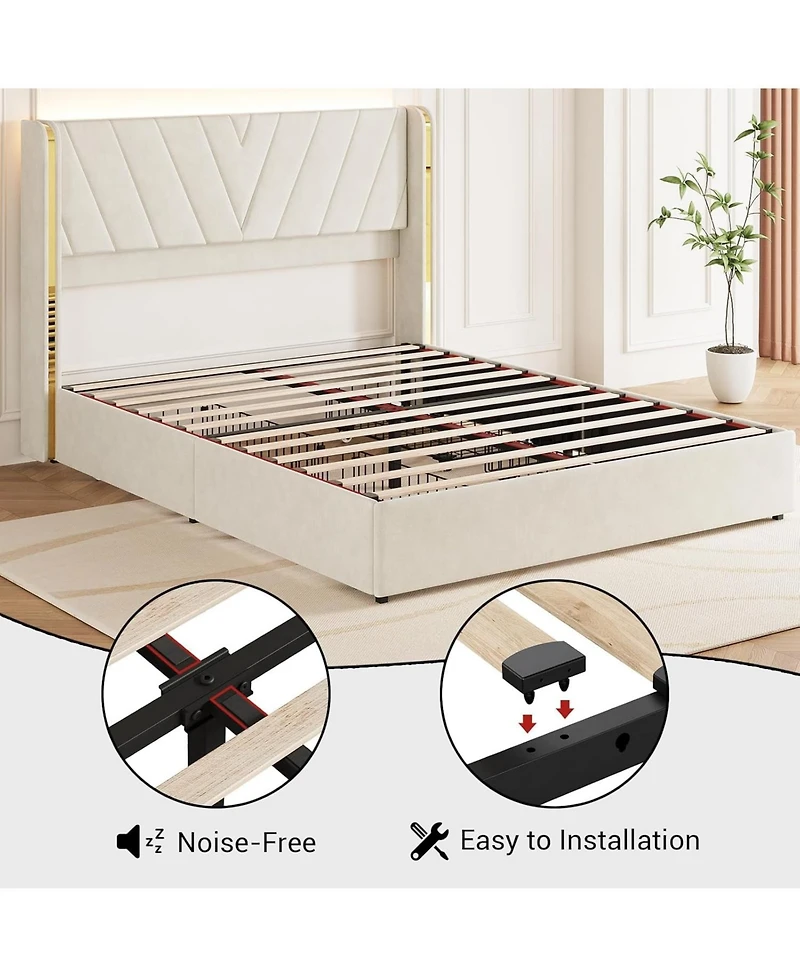 gaomon Upholstered Led Bed Frame with 4 Storage Drawers, Rgb Lights, Platform Bed Frame with Wingback Headboard, No Box Spring, Noise-Free