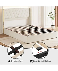 gaomon Upholstered Led Bed Frame with 4 Storage Drawers, Rgb Lights, Platform Bed Frame with Wingback Headboard, No Box Spring, Noise-Free