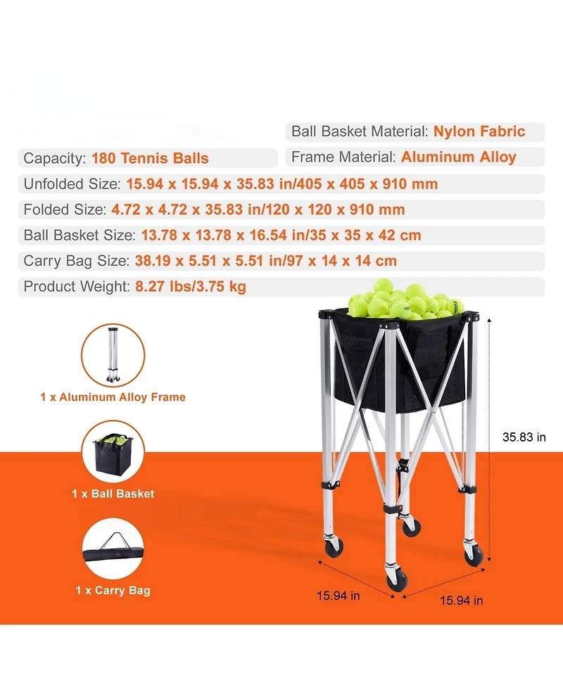 Mecale Tennis Ball Hopper Cart Holds 180 Balls, Aluminum Frame with Wheels and Removable Bag