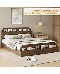 gaomon Queen Size Bed Frame with Wooden Storage Headboard, Low Platform Design, Sturdy Wooden Slats, No Box Spring Needed for Bedroom, Space-Saving