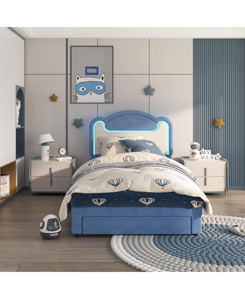 gaomon Twin Size Upholstered Bed Frame with Led Lights, Fabric Headboard, Princess Platform Bed, Wood Slats, No Box Spring