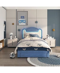 gaomon Twin Size Upholstered Bed Frame with Led Lights, Fabric Headboard, Princess Platform Bed, Wood Slats, No Box Spring