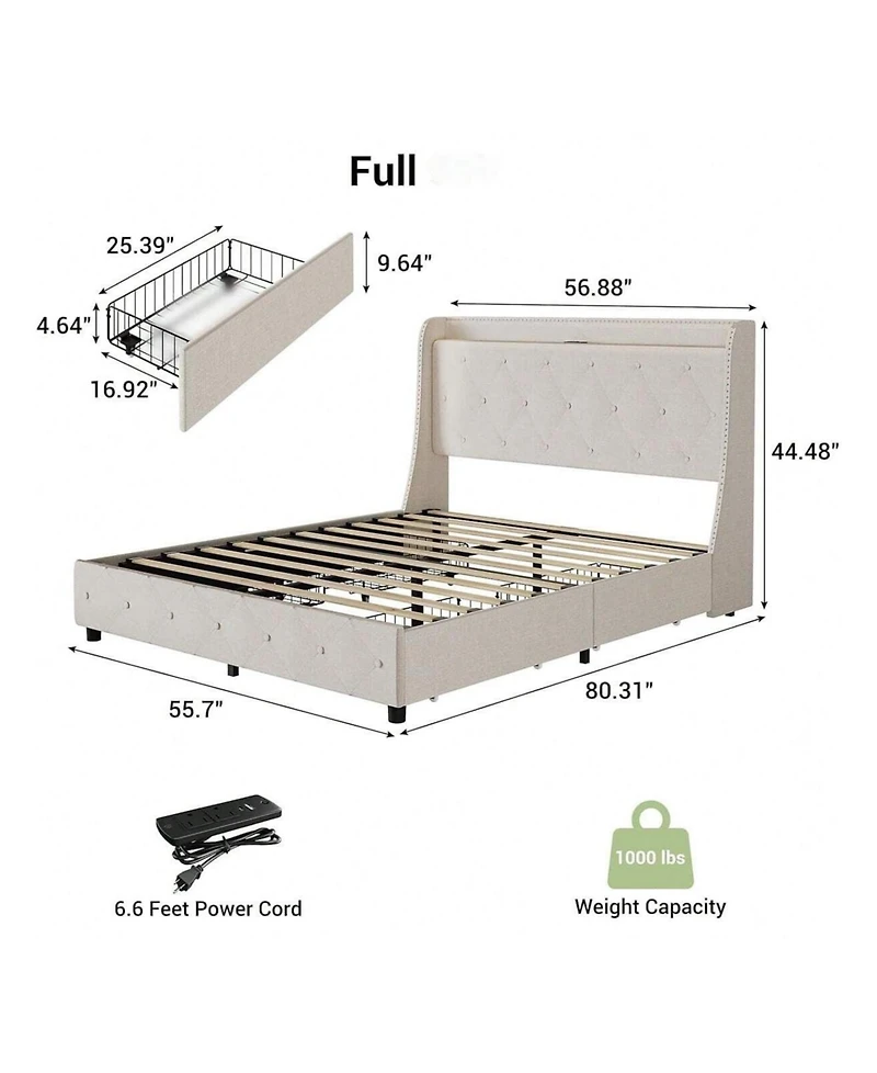 gaomon Upholstered Bed Frame with 4 Storage Drawers, Charging Station, Wingback Design, Noise-Free, Easy Assembly, Platform Bed, No Box Spring Needed