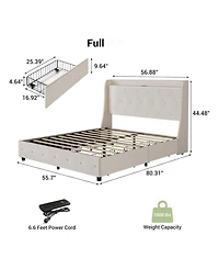 gaomon Upholstered Bed Frame with 4 Storage Drawers, Charging Station, Wingback Design, Noise-Free, Easy Assembly, Platform Bed, No Box Spring Needed