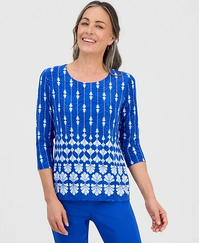 Jm Collection Petite Sienna Border 3/4-Sleeve Top, Macy's Exclusive