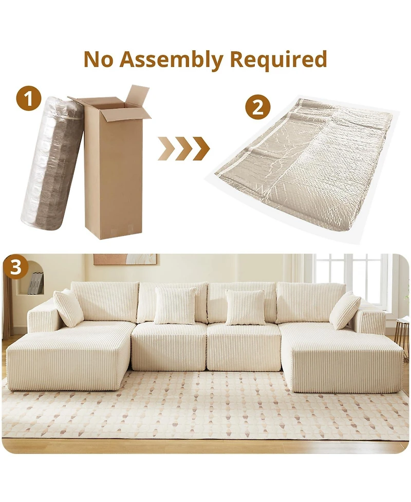 gaomon 137" U-Shaped Modular Sectional Sofa, 4-Piece Corduroy Cloud Couch with Double Chaise, Pillows & No Assembly