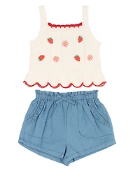 Rare Editions Baby Girls' Embroidered Tank Top and Chambray Shorts, 2-Piece Set