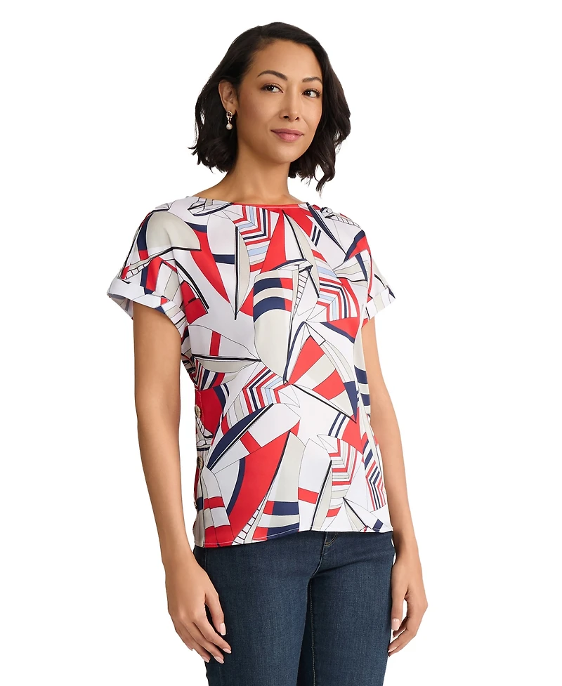Jones New York Women's Short-Sleeve Polyester Printed Blouse